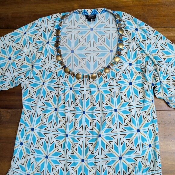 Nicole Miller Blue Boho Aztec Beaded Embellished Neck Floral Dress Large Ruffled - Picture 3 of 15